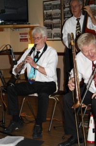 SVERKER NYSTRON on clarinet and LIEF MELDAHL on bass, with leader & trombonist, HANS ZAKRISSONV. Red Wing Band from Sweden on 2014 Tour at Farnborough Jazz Club, Kent, UK on 31st October. Photo: Mike Witt