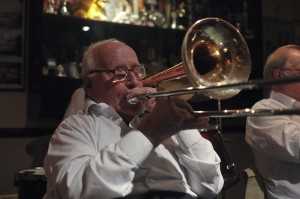 Lennie Hodgeson (trombone) Leader of The Original  Eastside Stompers Jazz Band (1) at Farnborough Jazz Club, Kent, UK, on 21st May 2010.  Photo by    Howard Leigh