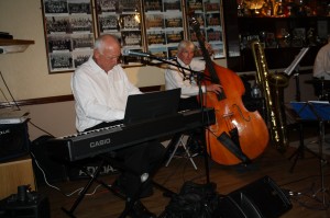 Hugh Crozier (piano) and John Bayne (double bass) with 'Bob Dwyer's Bix & Pieces' at Farnborough Jazz Club on Friday, 17th October 2014.  Photo by Mike Witt.