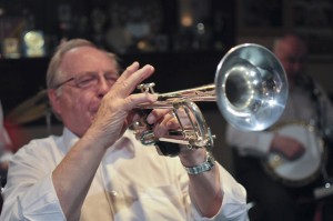 John Shepherd (trumpet) of The Original Eastside Stompers Jazz Band (1) at Farnborough Jazz Club, Kent, UK, on 21st May 2010. Photo by Howard Leigh