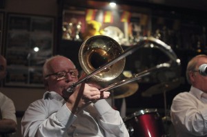 "Here's a lovely ol', lovely ol' number' - Lennie Hodgeson (trombone) Leader of The Original  Eastside Stompers Jazz Band (2) at Farnborough Jazz Club, Kent, UK, on 21st May 2010.  Photo by    Howard Leigh