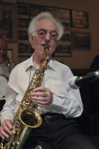 Ronnie Findon (sax & vocals) of The Original Eastside Stompers Jazz Band (2) at Farnborough Jazz Club, Kent, UK, on 21st May 2010. Photo by Howard Leigh