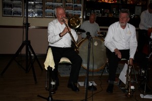 Golden Eagle Jazz Band at Farnborough Jazz Club on 12th December 2014.  ROY STOKES (trmb&vocs), MIKE SCROXTON (trmp) and PETE JACKMAN (drms). Photo by Mike Witt.