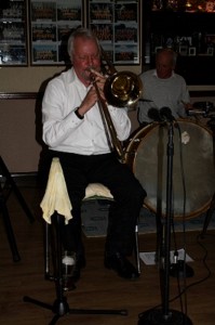 Golden Eagle Jazz Band at Farnborough Jazz Club, Kent, UK. ROY STOKES (trmb&vocs).  Photo by Mike Witt.