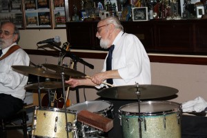 ARTHUR FRYATT, drummer with NAPIER HOTSHOTS seen here at Farnborough Jazz Club 16th January 2015. Photo by Mike Witt.