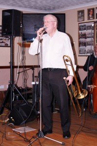 Bob Dwyer, trombonist & leader of 'Bob Dwyer's Bix & Pieces' at Farnborough Jazz Club on 30th January 2015