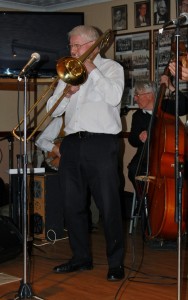 'Bob Dwyer's Bix & Pieces'.  Bob (leader & trombonist) seen here at Farnborough Jazz Club 30Jan2015.