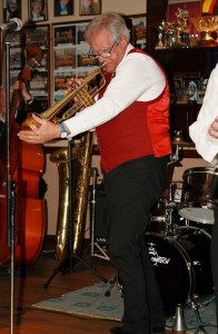 Dave Rance, trumpet with Bob Dwyer's Bix & Pieces at Farnborough Jazz Club 30jan2015.  Photo by Mike Witt.