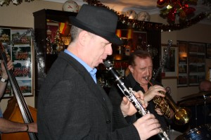 Tim Huskisson (clarinet) and Denny Islett (trumpet), two of George Tidiman's All Stars at Farnborough Jazz on 19th December 2014 Club Party Night at Farnborough