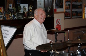 Another great phonto of smiling Laurie Chesco, seen here with Bob Dwyer's Bix & Pieces at Farnborough Jazz Club, 30jan2015.  Photo by Mike Witt