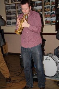 Allen Beechey (talented trumpeter) of Martyn Brothers @ Farnborough Jazz Club, Kent 6th February 2015. Photo by Mike Witt.