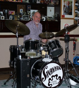 John Meehan, drummer and leader of Savannah Jazz Band at Farnborough Jazz Club on 27th March 2015.  Photo by Mike Witt.