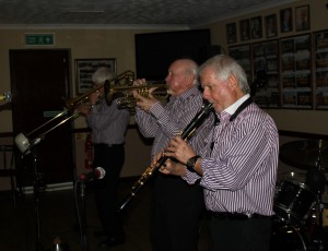 Front liners 'Sam', Bill & Roger of Savannah Jazz Band at Farnborough Jazz Club 27th March 2015. Photo by Mike Witt