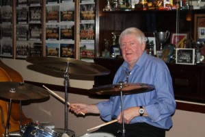 Bill Finch, drummer with ‘George ‘Kid’ Tidiman’s All Stars’ at Farnborough Jazz Club, Kent, UK Friday 17th April 2015. Photo by Mike Witt.