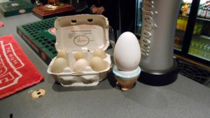 Photo of Val's special fress goose egg brought in to Farnborough Jazz Club (the night of Mike Barry's Uptown Gang) on 23rd April 2015. We thought it was a wopper!. Photo by Mike Witt.