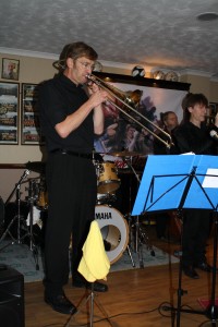 Bill Todd on trombone plus Paul Higgs (trumpet) and Roger Curphey (d.bass) with Phoenix Dixieland Jazz Band at Farnborough Jazz Club (Kent) on 5th June 2015. Photo by Mike Witt.