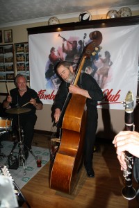 Another great photo of Roger Curphey (double bass) - a real action one playing with Alan Clarke (drums) for Phoenix Dixieland Jazz Band at Farnborough Jazz Club (Kent) on 5th June 2015, Photo By Mike Witt.