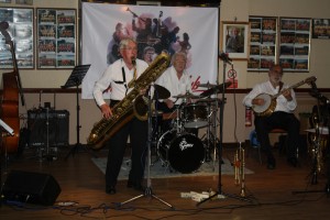 John Bayne plays 'Elephant Stomp' with Laurie Chescoe (drums) and John Stuart (banjo) in 'Bob Dwyer's Bix & Pieces' at Farnborough Jazz Club, Kent on 10th July 2015.
