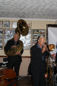 Brian Lawrence on sousaphone and Terry Williams on trombone with Millenium Eagle Jazz Band at Farnborough Jazz Club (Kent) on 24th July 2015. Photo by Mike Witt.