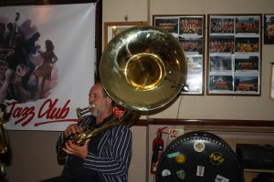 Allan Sokell (sousaphone) with Harry Strutters Hot Seven at Farnborough Jazz Club for Keith's special birthday, 7th August 2015. Photo by Mike Witt.