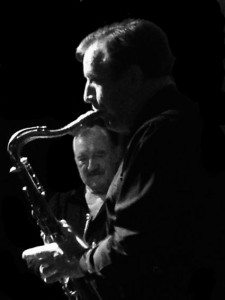 Our Jazz Jiants - Our Jazz Jiants - Denny Ilett (trumpet) & Al Nicholls (tenor) (Keith's special birthday) at Farnborough Jazz Club, 14th August 2015. Photo by Chrissie Nicholls.