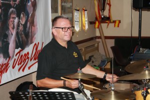 Storeyville Jazz Band from Holland with BERRY SCHUURING (drums) at Farnborough Jazz Club, Kent UK on 28th August 2015. Photo by Mike Witt.
