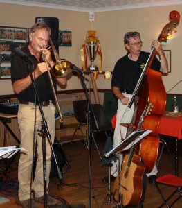 Storeyville JB, PETER DOBBE (trombone) & HEIN VAN ROOIJEN (double bass) at Farnborough Jazz Club, Kent UK 28aug2015. Photo by Mike Witt.