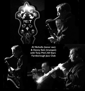 Tony Pitt's All Stars Crest showing Al Nicholls (tenor & soprano saxes) and Denny Ilett (trumpet (Designed & photos taken by Chrissie Nicholls at Farnborough Jazz Club 14th August 2015).