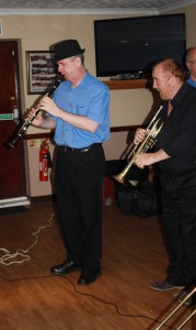 Tim Huskisson on clarinet and Denny Ilett on trumpet with George 'Kid' Tidiman's All Stars at Farnborough Jazz Club on 18th September 2015. Photo by Mike Witt.
