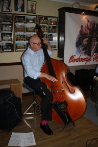 Harvey Western (d.bass), one of Barry Palser's Super Six at Farnborough Jazz Club, Kent 19jun2015. Photo by Mike Witt.