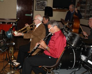 Bill Phelan on trumpet, John Finch on trombone, Alan Cresswell on clarinet, Andy Laurence on double bass and Paul Newman on drums playing as Bill Phenan's Muscrat Ramblers at Farnborough Jazz Club (Kent) on Friady, 2nd October 2015. Photo by Mike Witt.