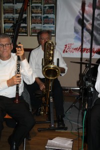 Lord Napier Hotshots play at Farnborough Jazz Club on 16th October 2015 with Pat Glover (reeds) and Mick Scriven (d. bass & bass sax). Photo by Mike Witt.