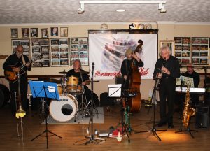 Charles Sherwood is featured here on clarinet, with Phoenix Dixieland Jazz Band at Farnborough Jazz Club on 23rd October 2016. (LtoR) John Stuart (guitar), Alan Clarke (drums), Roger Curphey (double bass), Charles Sherwood (clarinet) and Dave Barnes (piano). Photo by Mike Witt.