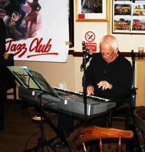 Dave Barnes plays piano for Phoenix Dixieland Jazz Band at Farnborough Jazz Club on 23rd October 2015. Photo by Mike Witt.