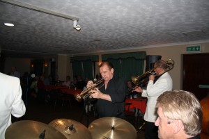 Farnborough Jazz Club enjoy 'Tony Pitt's All Stars' on 9th October 2015. Seen playing are Denny Ilett (trumpet), Dave Hewitt (trombone) and John Tyson (drums).  Photo by Mike Witt.