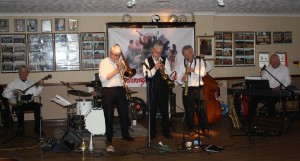 Bob Dwyer's Bix & Pieces at Farnborough Jazz Club on 29th January 2016. (LtoR) Dave Price (bnj), (hidden-Graham Collicote drms), Bob Dwyer (trb), Max Emmons (trp), Bernie Holden (sax).( hidden-John Bayne dbass) & Hugh Crozier (pno). Photo by Mike Witt.