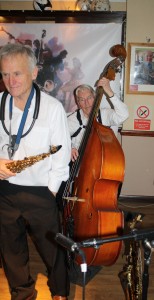 Bernie Holden on sax and John Bayne on double bass with Bob Dwyer's Bix & Pieces at Farnborough Jazz Club on 29th January 2016. Photo by Mike Witt.