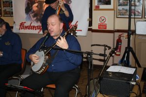 Band leader and tenor banjo Kevin Scott plays for Golden Eagle Jazz Band at Farnborough Jazz Club (Kent) on 8th January 2016. Photo by Mike Witt.