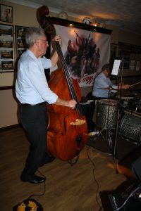 Alan Morgan plays double bass as one of Barry Palser's Super Six at Farnborough Jazz Club (Kent) on 12th February 2016. (also John Tyson on drums) Photo by Mike Witt.