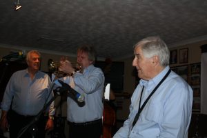 Another great picture  of 'Barry Palser's Super Six's front line,  playing here at Farnborough Jazz Club (Kent) on 12th February 2016. (LtoR) Barry Palser (trombone), Allan 'Lord Arsenal' Bradley (trumpet) & John Crocker (probably on tenor sax). Photo by Mike Witt.