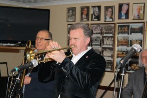 Gary Wood on trumpet (Dave Hewitt (tromb) to his left & Trefor 'Fingers' to his right) with 'Jonny Boston's Hot Jazz' on tour here at Farnborough Jazz Club, Kent, UK 4th March 2016. Photo by Mike Witt.