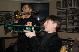 Bill Todd (trb) & Paul Higgs (trp) of Phoenix Dixieland Jazz Band play at Farnborough Jazz Club on 11th March 2016. Photo by Mike Witt.
