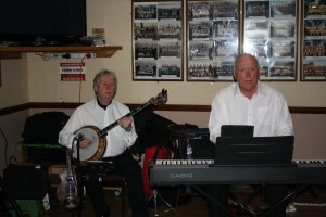 Hugh Crozier (piano) and Dave Price (banjo) with Bob Dwyer's Bix & Pieces at Farnborough Jazz Club 18mar2016. Photo by Mike Witt.