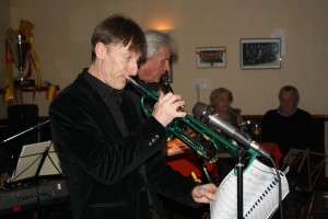 Paul Higgs & Charles Sherwood with Phoenix Dixieland Jazz Band play at Farnborough Jazz Club on 11th March 2016. Robin Coombs and Pauline watch on. Photo by Mike Witt.