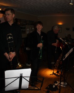 Bill Todd, Paul Higgs & Charles Sherwood enjoy playing with Phoenix Dixieland Jazz Band at Farnborough Jazz Club on 11 March 2016.. Photo by Mike Witt.