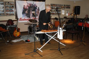 Colin Bray 'takes to the stage' and plays xylophone (Laurie sits this one out) with Laurie Chescoe's Reunion Band at Farnborough Jazz Club (Kent) on 22nd April 2016. Photo by Mike Witt.