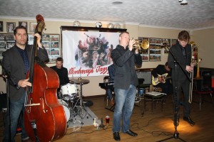 Martyn Brothers at Farnborough Jazz Club (Kent) on 15th April 2016. Leader, Ben Martyn on double bass, Dominique Coles on drums, Finlay Milne on trumpet and George Simmonds on trombone. Photo by Mike Witt.