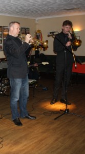 Finlay Milne (trumpet) and George Simmonds (trombone) with Martyn Brothers at Farnborough Jazz Club (Kent) on 15th April 2016. Photo by Mike Witt.