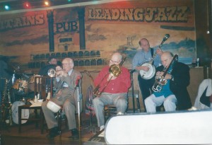 Ralph Proctor (trombone) 'sits in' with Bill Brunsckill (trumpet), Geof Cole (trombone) & Peter Rampton (banjo) (anyone know young drummer pls?) at The Lord Napier Pub, Thornton Heath, London, circa late 1990's