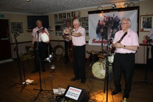 Sussex Jazz Kings play at Farnborough Jazz Club (Kent) on 29th April 2016. (LtoR) Iain MCaulay (trombone), Pete Clancy (d.bass), Dave Stradwick (trumpet) and Bernard Stutt (clarinet) (hidden are Pete Lay on drums and Phil Durrell on banjo). Photo by Mike Witt.